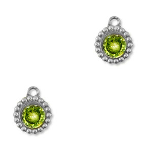 Breloques en acier Inox zirconium rond Argent&eacute;-vert lime