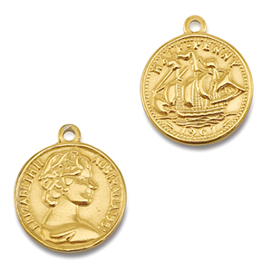 Breloques en acier Inox monnaie avec bateau/visage Dor&eacute;