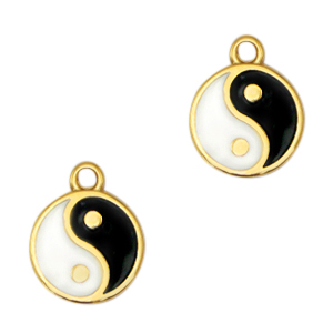 Breloques en m&eacute;tal DQ symbole Yin & Yang 15mm Dor&eacute;-noir-blanc (sans nickel)