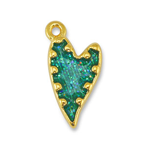Breloques en m&eacute;tal DQ coeur Paillet&eacute; Turquoise-Dor&eacute; (sans nickel)
