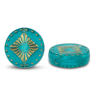 Perles acryliques rond avec carr&eacute; Bleu turquoise-dor&eacute;