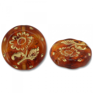 Perles acryliques rond avec fleur Marron cognac-dor&eacute;