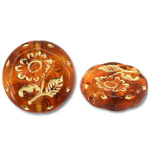 Perles acryliques rond avec fleur Marron orange-dor&eacute;
