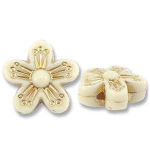 Perles acryliques fleur Blanc cass&eacute;-dor&eacute;