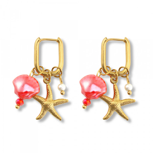 Boucles d'oreilles en acier Inox &eacute;toile de mer & coquille Dor&eacute;-rouge-blanc