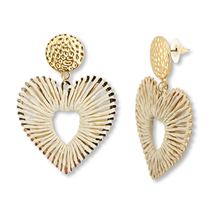 Boucles d'oreilles en raphia accroche-regard c&oelig;ur Beige-dor&eacute;