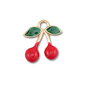 Breloques en m&eacute;tal &eacute;maill&eacute;e cerises Dor&eacute;-rouge-vert fonc&eacute;