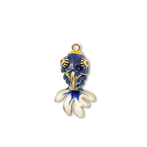 Breloques en laiton Eco-brass&reg; poisson Dor&eacute;-bleu fonc&eacute;-blanc