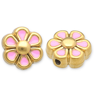 Perles en acier Inox fleur Dor&eacute;-rose clair-blanc