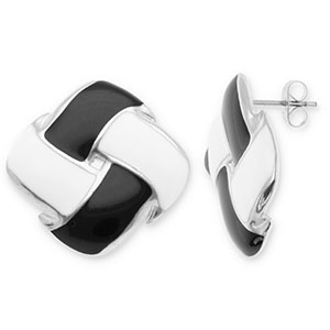 Boucles d'oreilles / puces en acier Inox carr&eacute; Argent&eacute;-noir-blanc