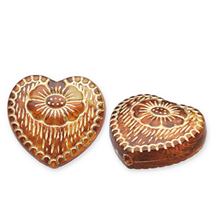 Perles acryliques c&oelig;ur avec fleur Marron cognac-dor&eacute;