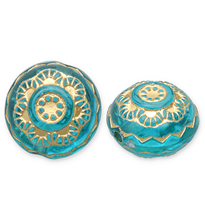 Perles acryliques rond avec fleur Bleu sarcelle-dor&eacute;