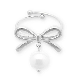 Bagues en acier Inox n&oelig;ud avec perles Argent&eacute;-blanc