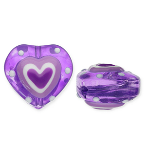 Perles en verre c&oelig;ur Violet-blanc