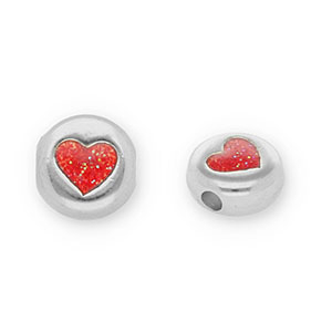 Perles en m&eacute;tal DQ rond avec coeur Argent&eacute; antique-paillet&eacute; rouge (sans nickel)