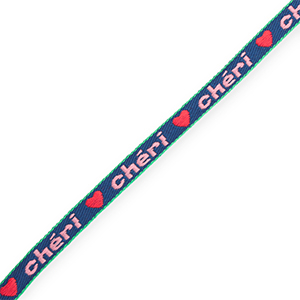 BY31&reg; Ruban texte "Ch&eacute;ri" Bleu fonc&eacute;-rose clair-rouge-vert