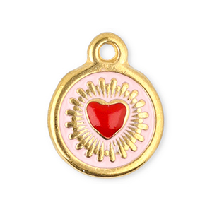 Breloques en acier Inox rond avec c&oelig;ur Dor&eacute;-rouge-rose clair