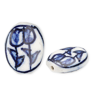 Perles en c&eacute;ramique ovale avec tulipes Blanc cass&eacute;-bleu de Delft