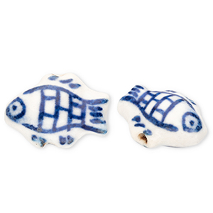 Perles en c&eacute;ramique poisson Blanc cass&eacute;-bleu de Delft