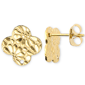 Appr&ecirc;ts en acier Inox boucles d'oreilles / puces d&rsquo;oreilles tr&egrave;fle avec flor avec anneau Dor&eacute;