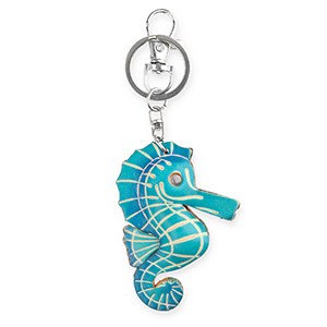 Porte-cl&eacute;s en cuir hippocampe Bleu cyan fonc&eacute;-beige sable