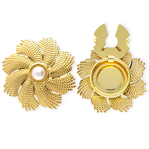 Cache-boutons en acier Inox fleur avec imitations perle Dor&eacute;-blanc