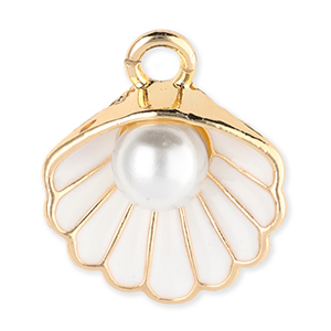 Breloques en m&eacute;tal coquillage avec perle Dor&eacute;-blanc