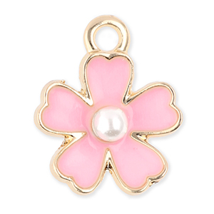 Breloques en m&eacute;tal fleur avec perle Dor&eacute;-rose clair-blanc