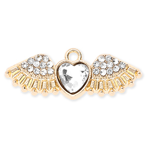 Breloques en m&eacute;tal coeur avec aile avec strass Dor&eacute;-transparent