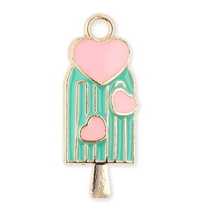 Breloques en m&eacute;tal sucette de glace avec c&oelig;urs Dor&eacute;-vert-rose clair