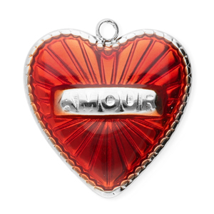 Breloques en acier Inox coeur Argent&eacute;-rouge