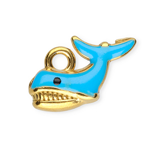 Breloques en acier Inox &eacute;maill&eacute;e baleine Dor&eacute;-bleu
