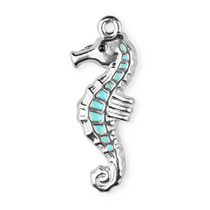 Breloques en acier Inox &eacute;maill&eacute;e hippocampe Argent&eacute;-bleu clair