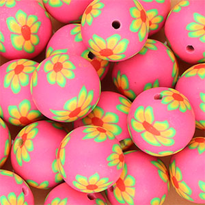 Perles en silicone 18&nbsp;mm rond avec fleurs peintes &agrave; la main Rose n&eacute;on-vert-orange-rouge