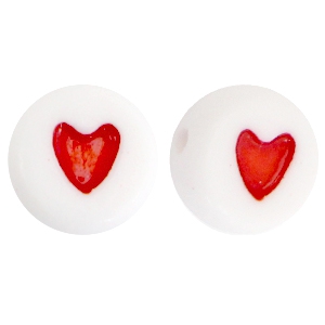Perles acryliques alphabet en forme de c&oelig;ur rouge-blanc